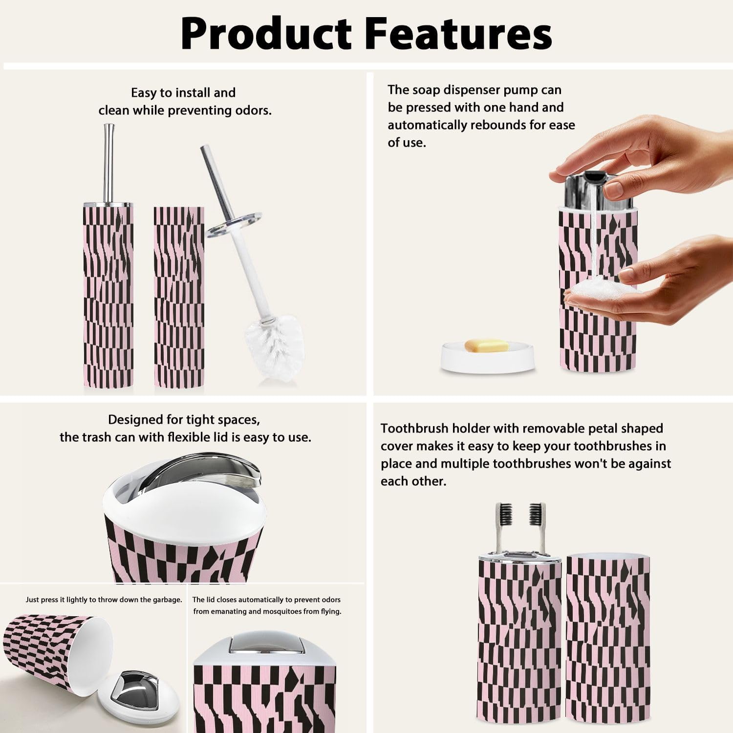 Boho Houndstooth Bathroom Accessories Set 6 Piece
