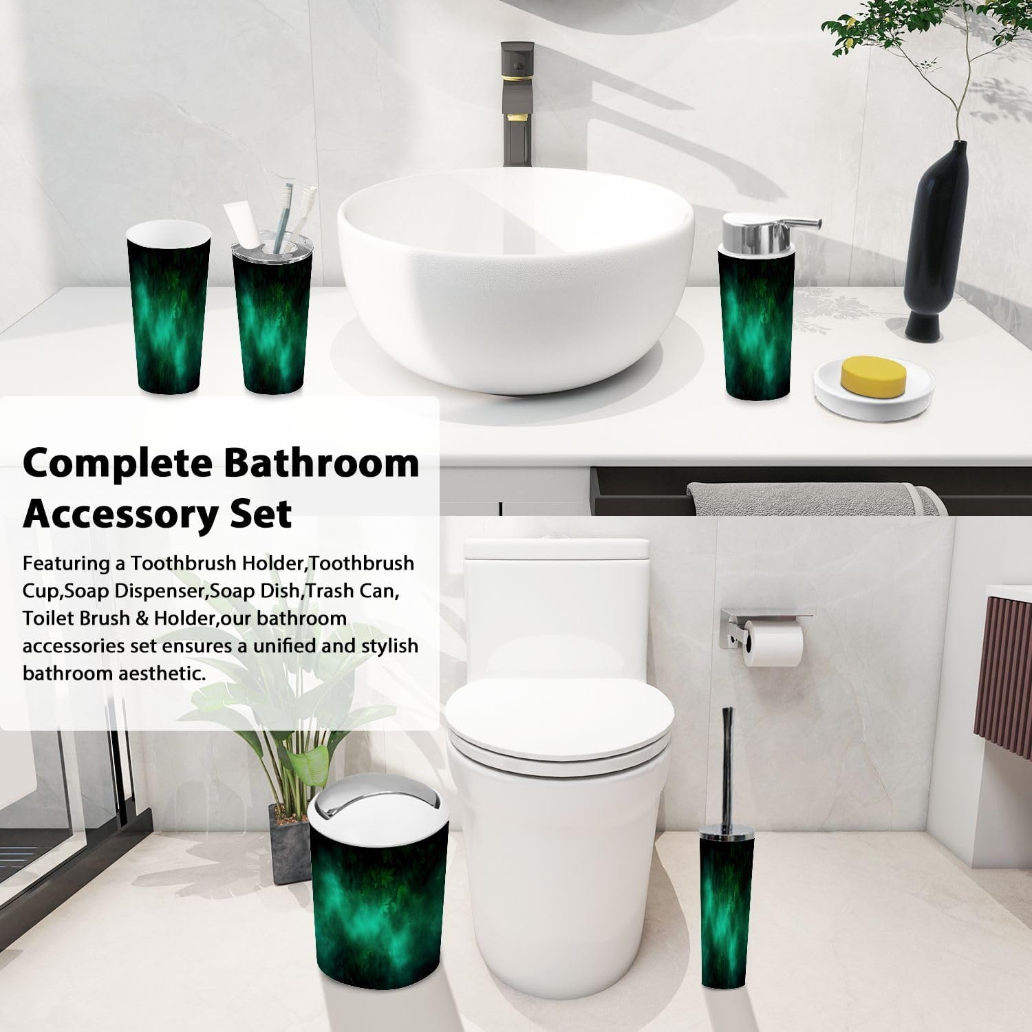 TRANQDEHOM 6-Piece Boho Green Bathroom Accessory Set