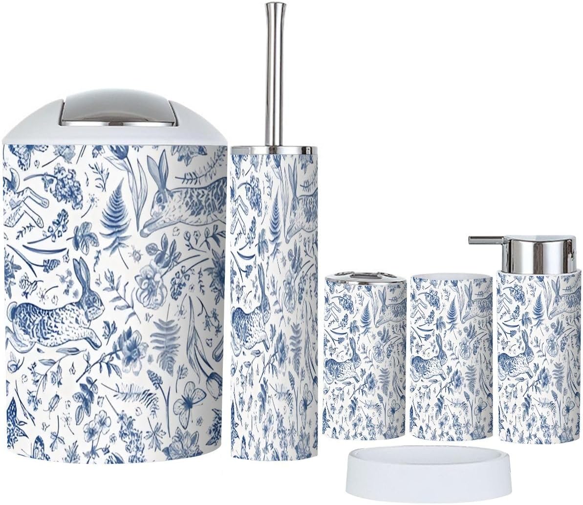 6 Piece Bathroom Accessory Set with Blue Floral Print 1