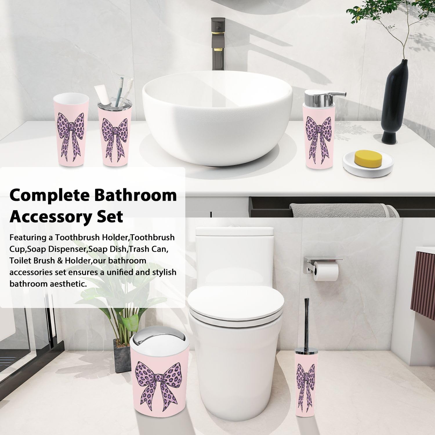 Boho Bathroom Accessory Set 6 Piece with Cute Quotes