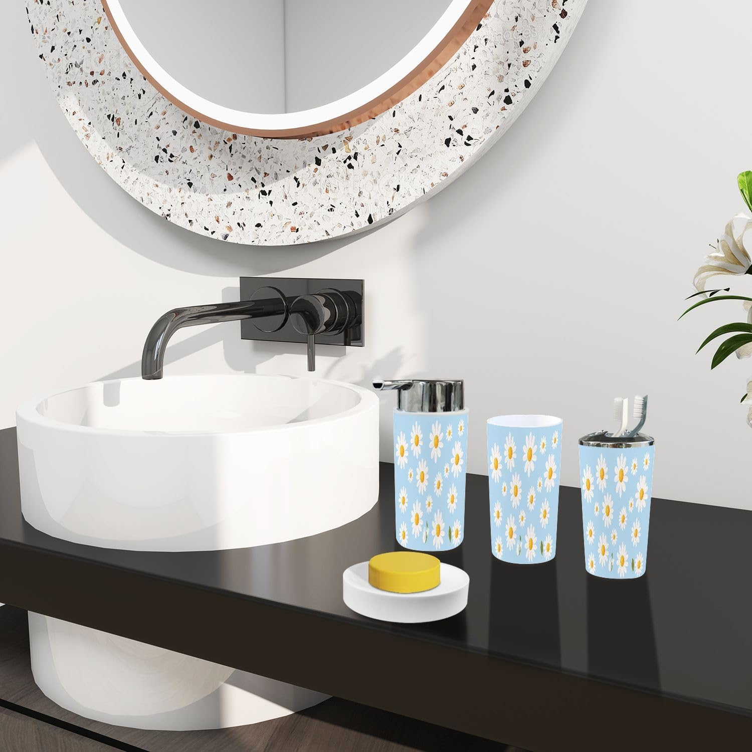 Boho Daisy Flower Bathroom Accessory Set 6 Piece 1