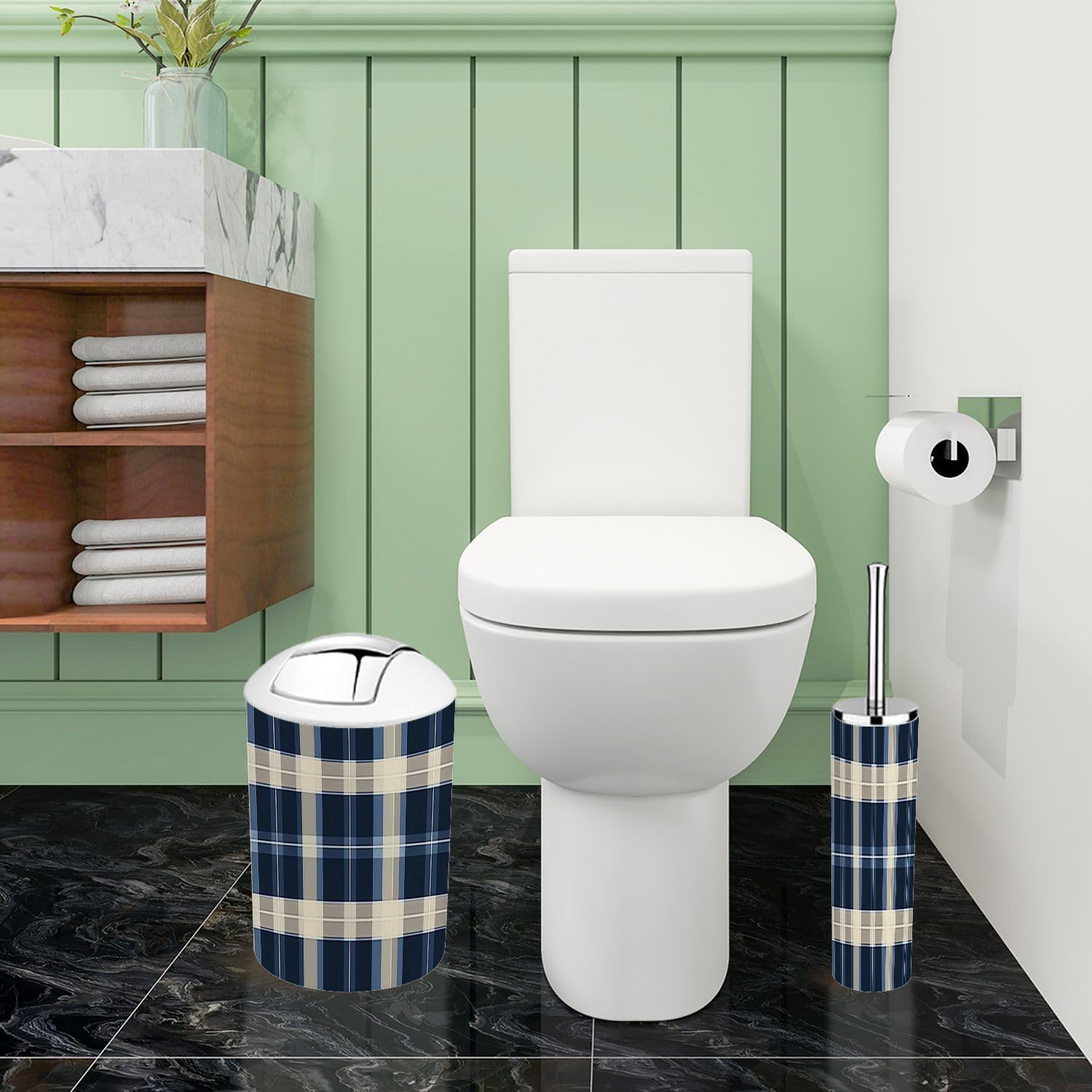Boho Bathroom Accessory Set 6 Piece Blue Gingham Tonal