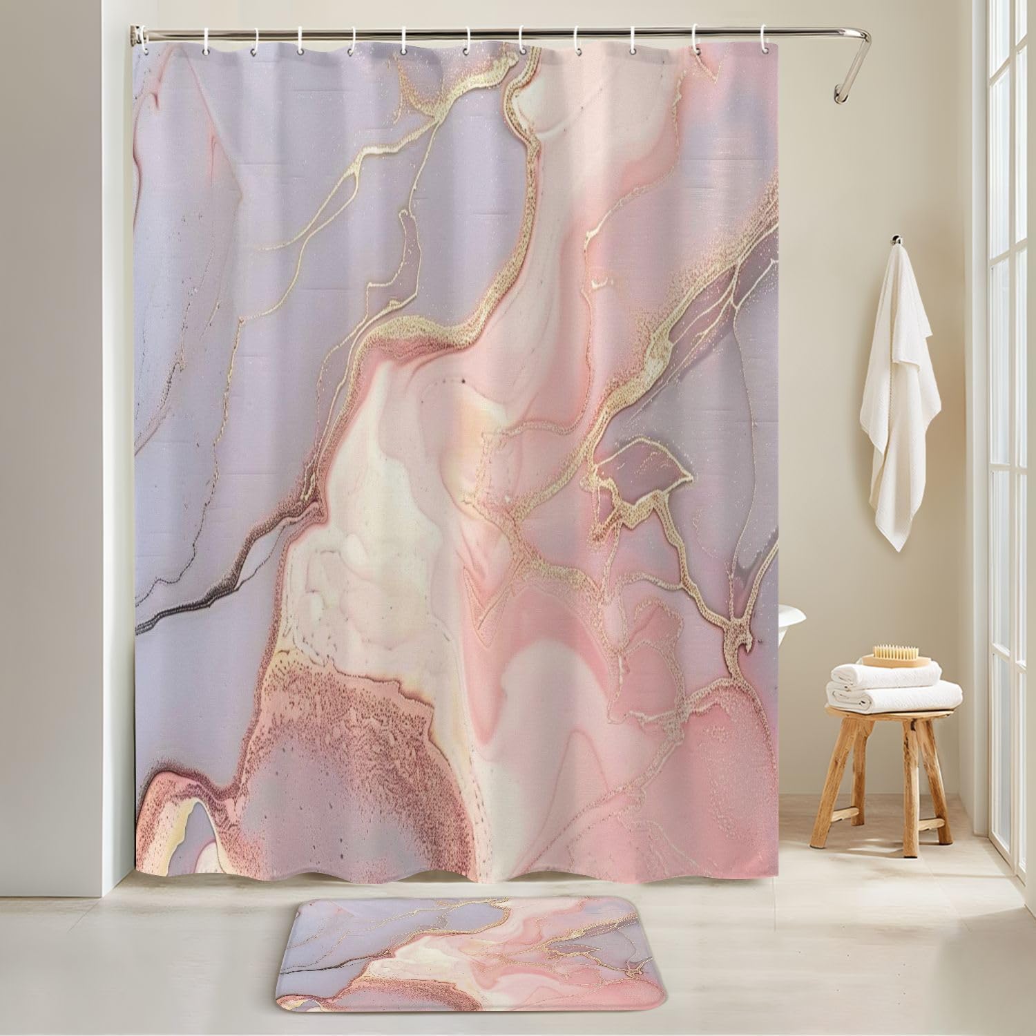 JCOOKLOFTS 4 Piece Shower Curtain Set Rose Grey Gold Stone Texture
