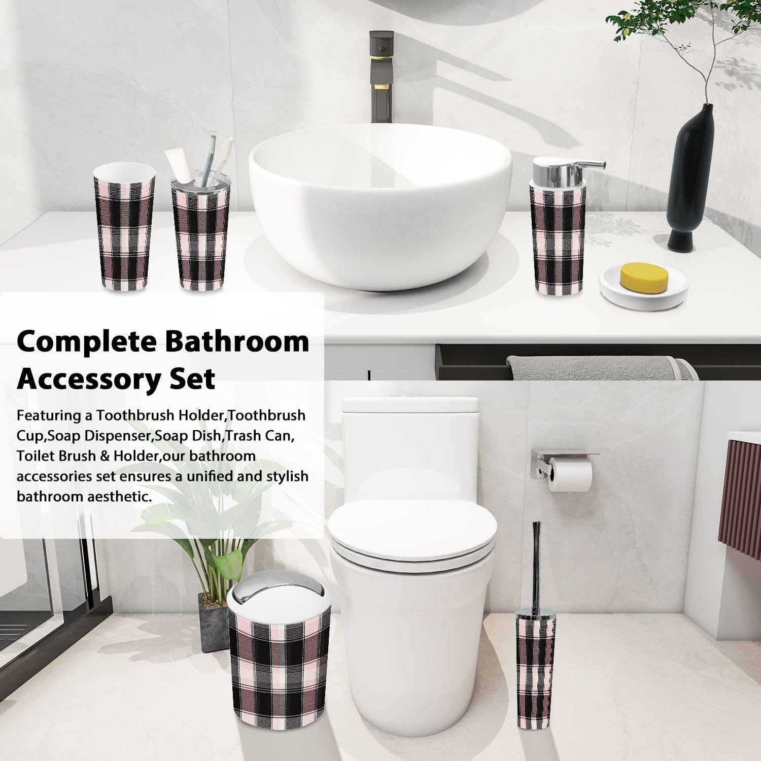Boho Pattern Gray Cream Maroon Trash Can Set 6 Piece