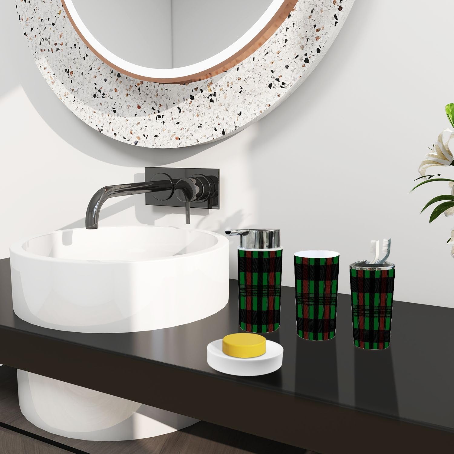 Boho Bathroom Accessory Set 6 Piece Plaid Design