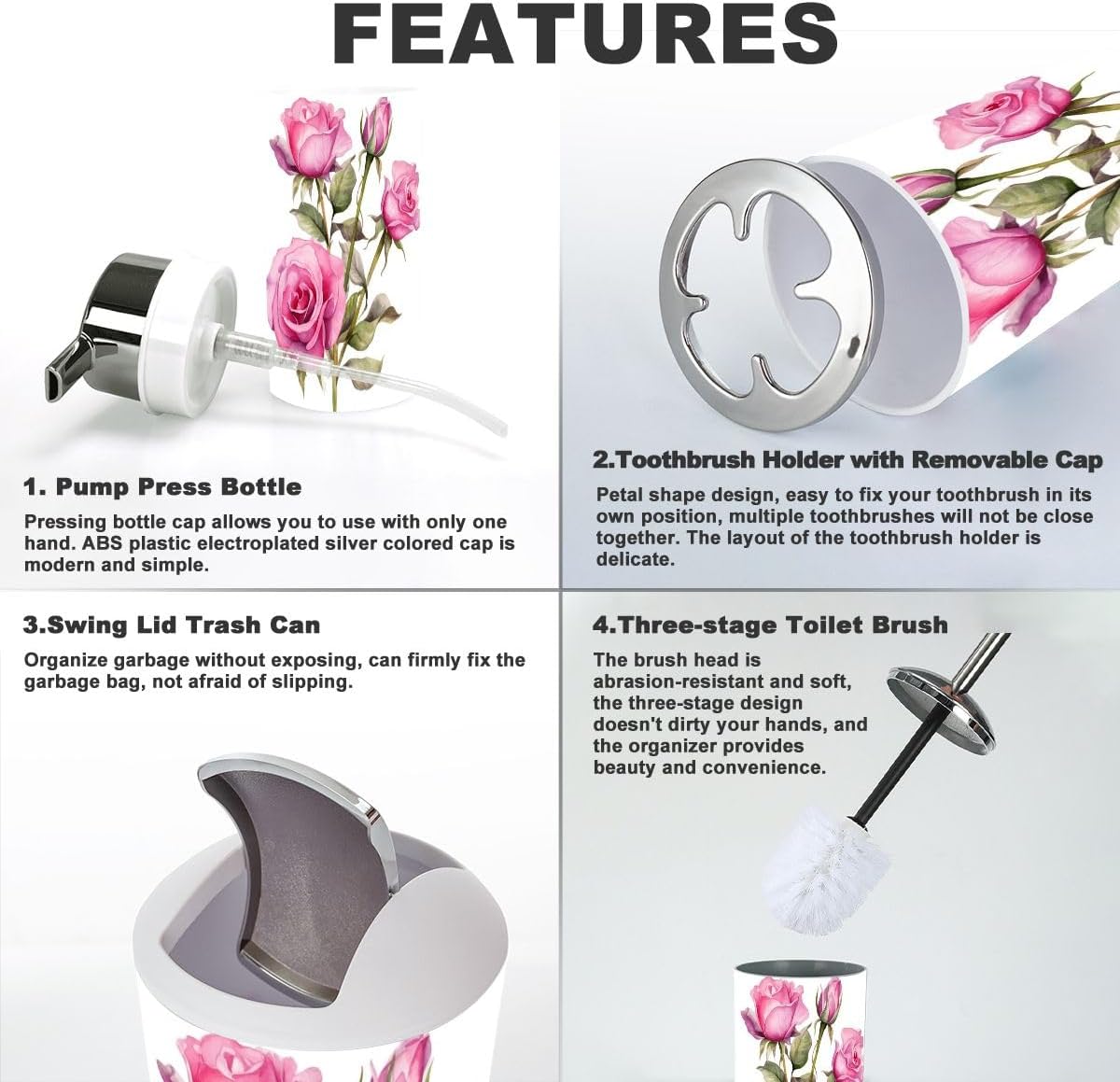 Bathroom Accessory Set 6 Piece Pink Rose Flower Design