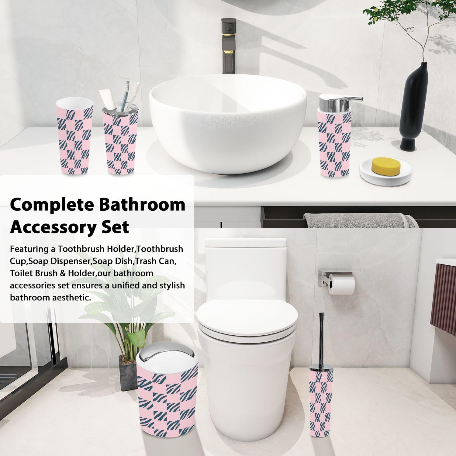 Boho Pink Checkered Bathroom Accessory Set of 6