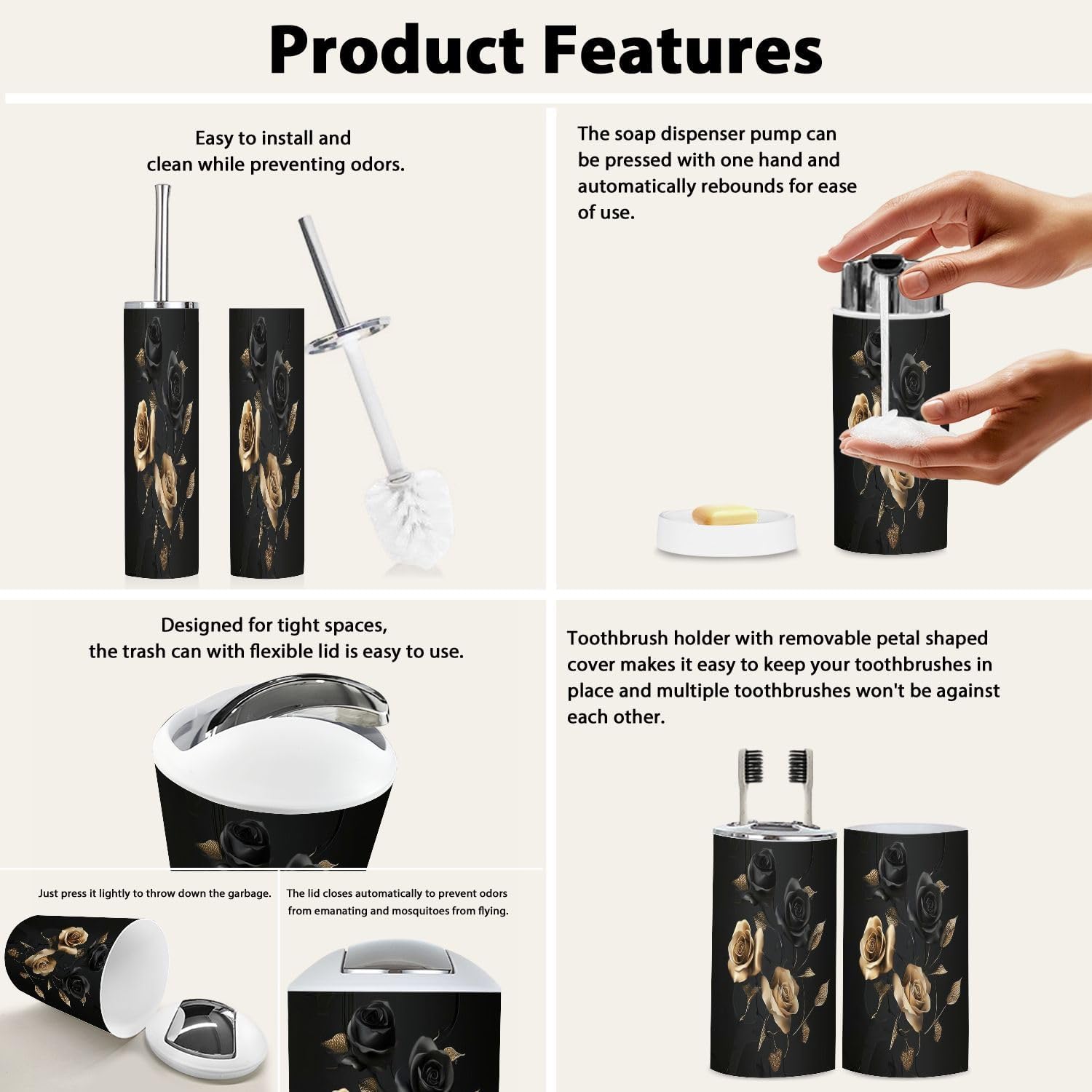 Boho Gold Black Roses Bathroom Accessory Set 6 Piece
