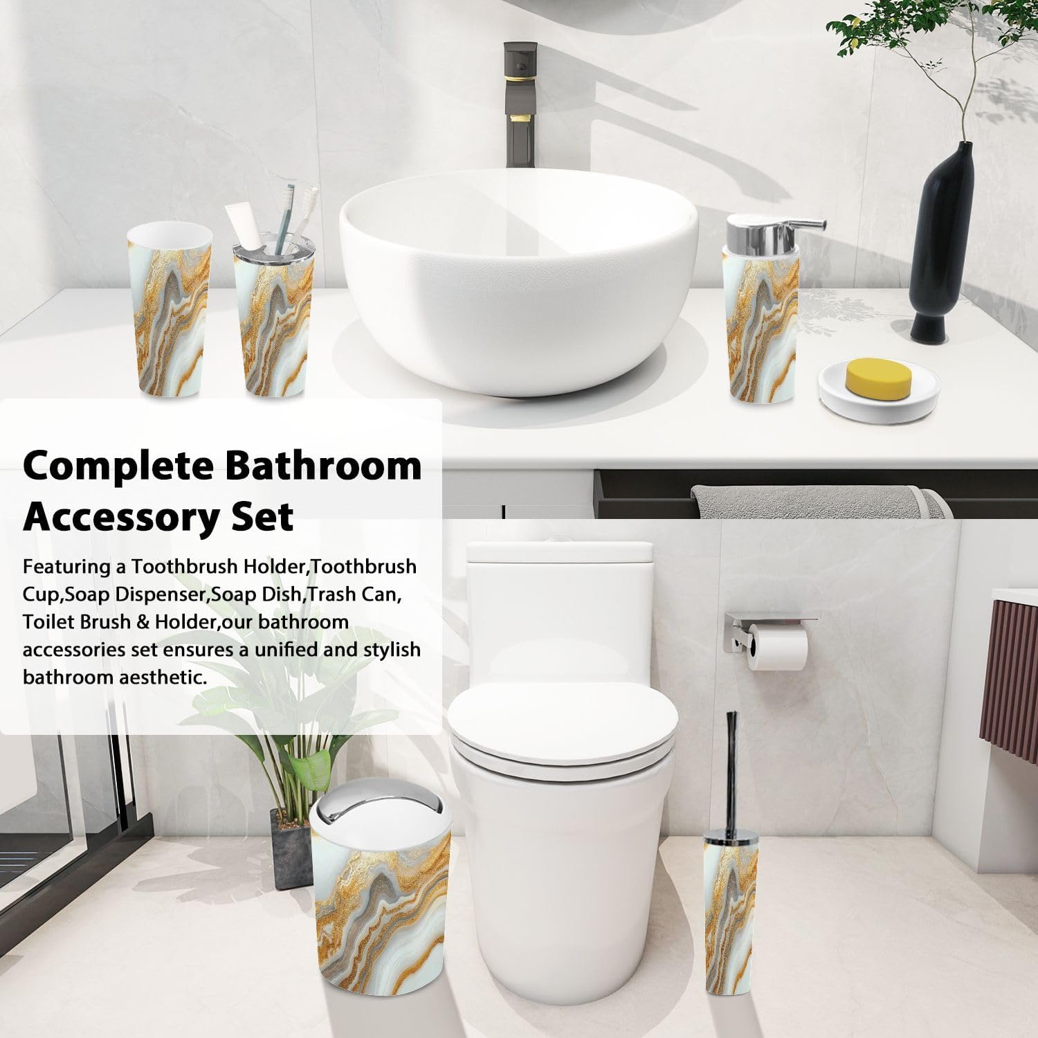 Boho 6-Piece Bathroom Accessory Set with Marble Texture