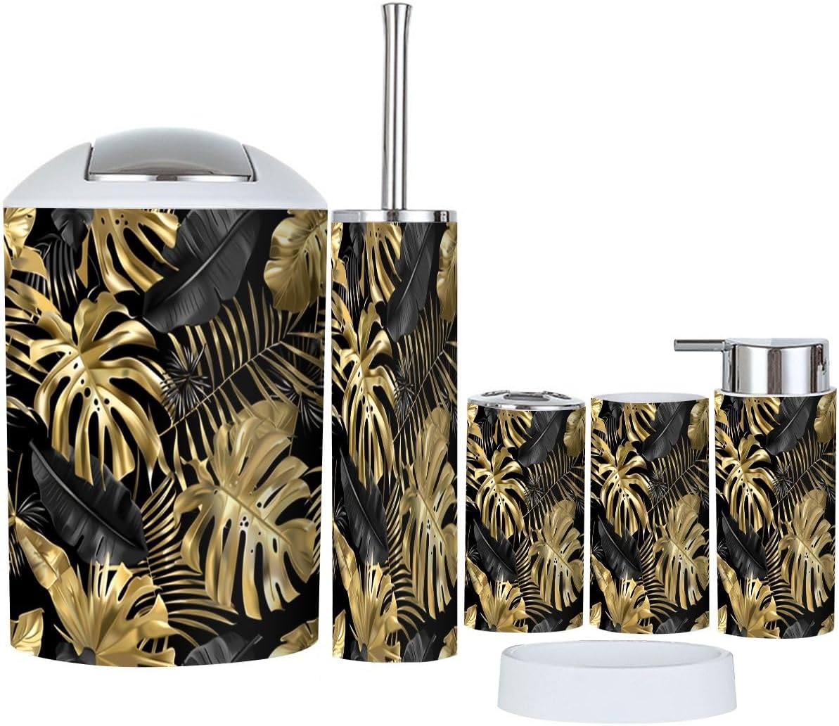 Bathroom Accessory Set 6 Piece Boho Gold Black Tropical Leaves Botanical