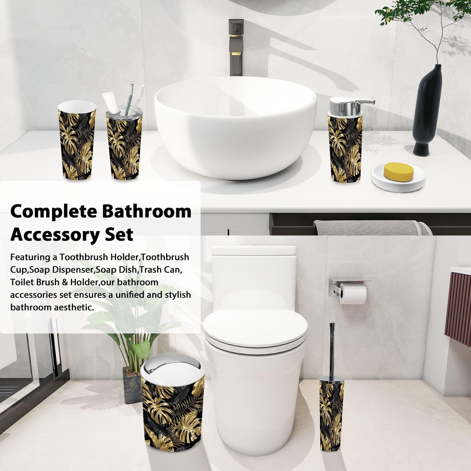 Bathroom Accessory Set 6 Piece Boho Gold Black Tropical Leaves Botanical