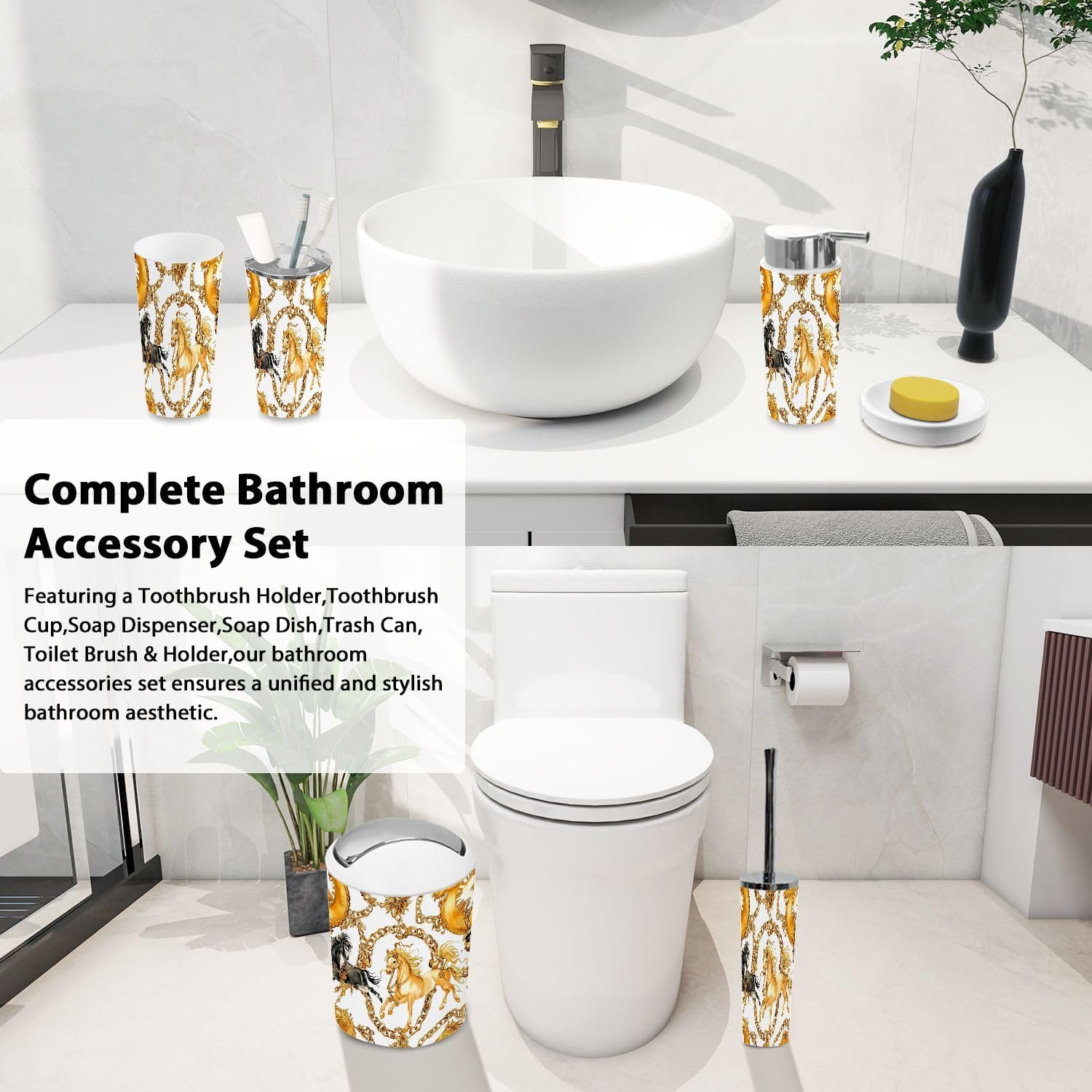 TRANQDEHOM 6 Piece Boho Golden Horses Bathroom Accessories Set