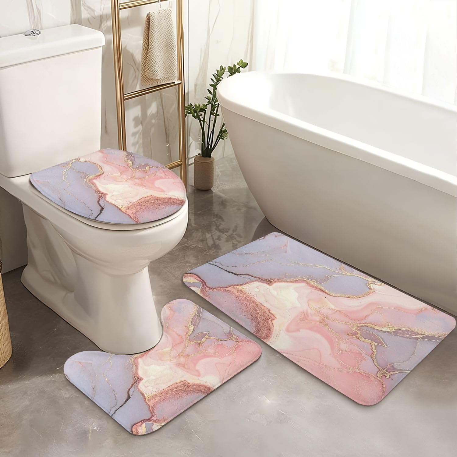 JCOOKLOFTS 4 Piece Shower Curtain Set Rose Grey Gold Stone Texture