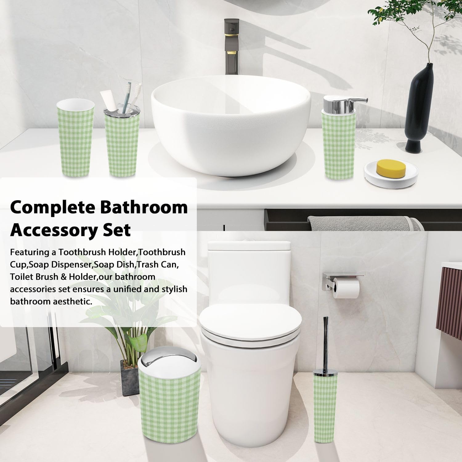 Boho Green White Plaid Bathroom 6-Piece Accessory Set