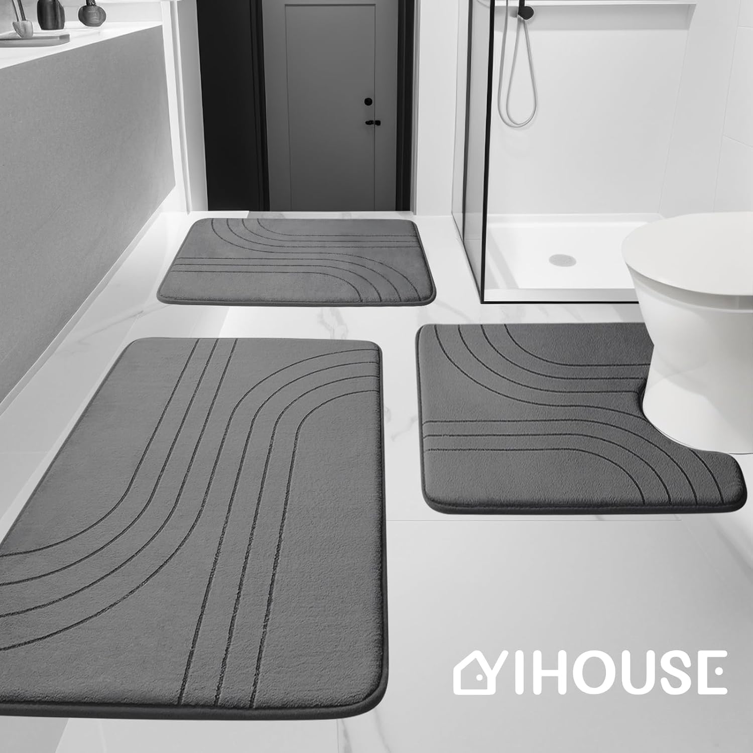 YIHOUSE 3 Piece Bath Mat Set Dark Grey