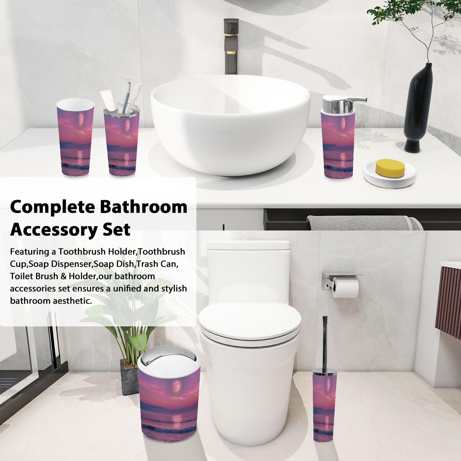 Boho Seascape Full Moon Bathroom Accessory Set 6 Piece