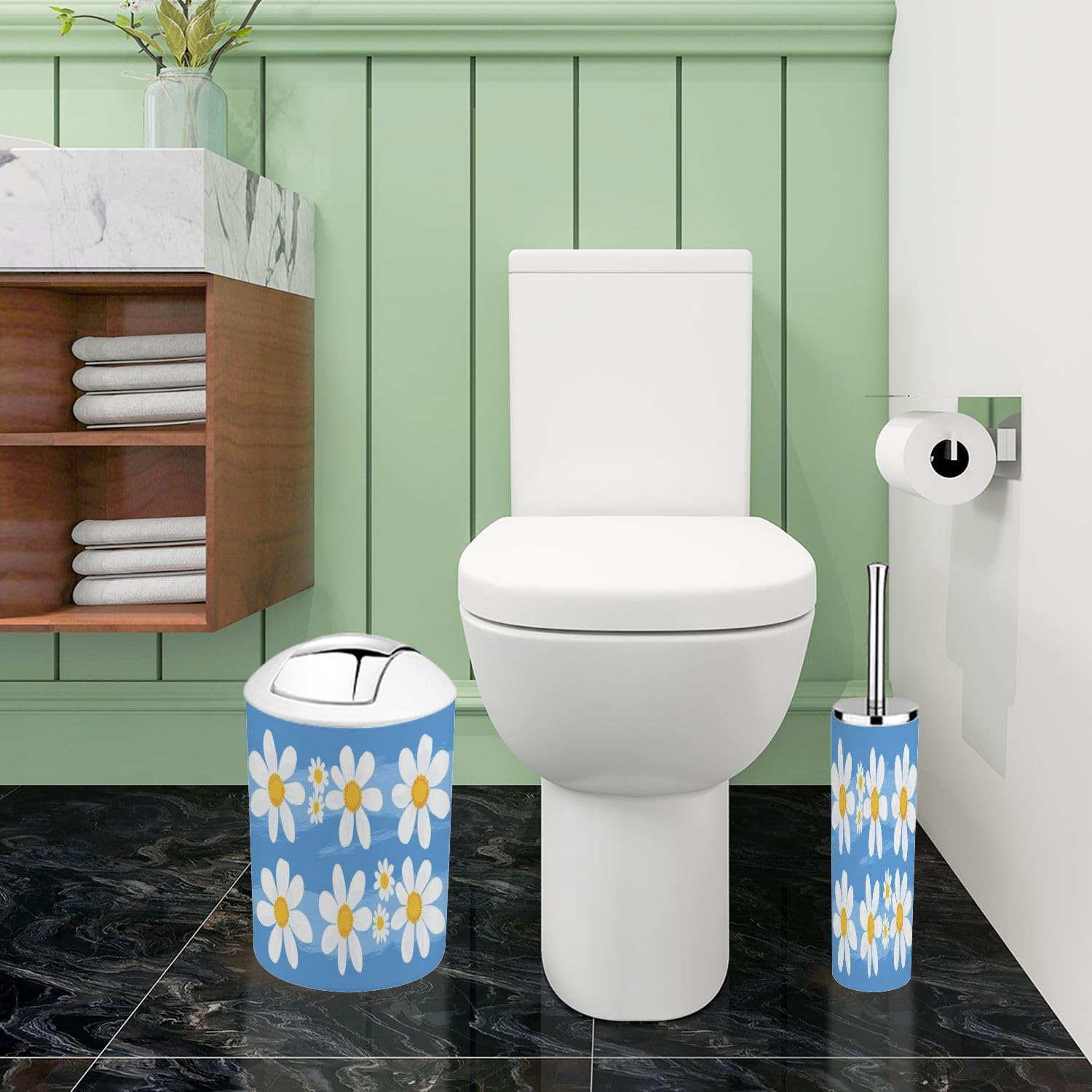 Boho Bathroom Accessory Set 6 Piece White Daisy Design
