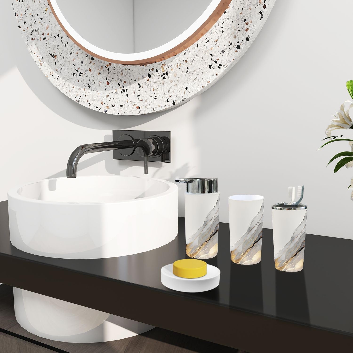 Boho Black Gold Bathroom Accessory Set 6 Piece