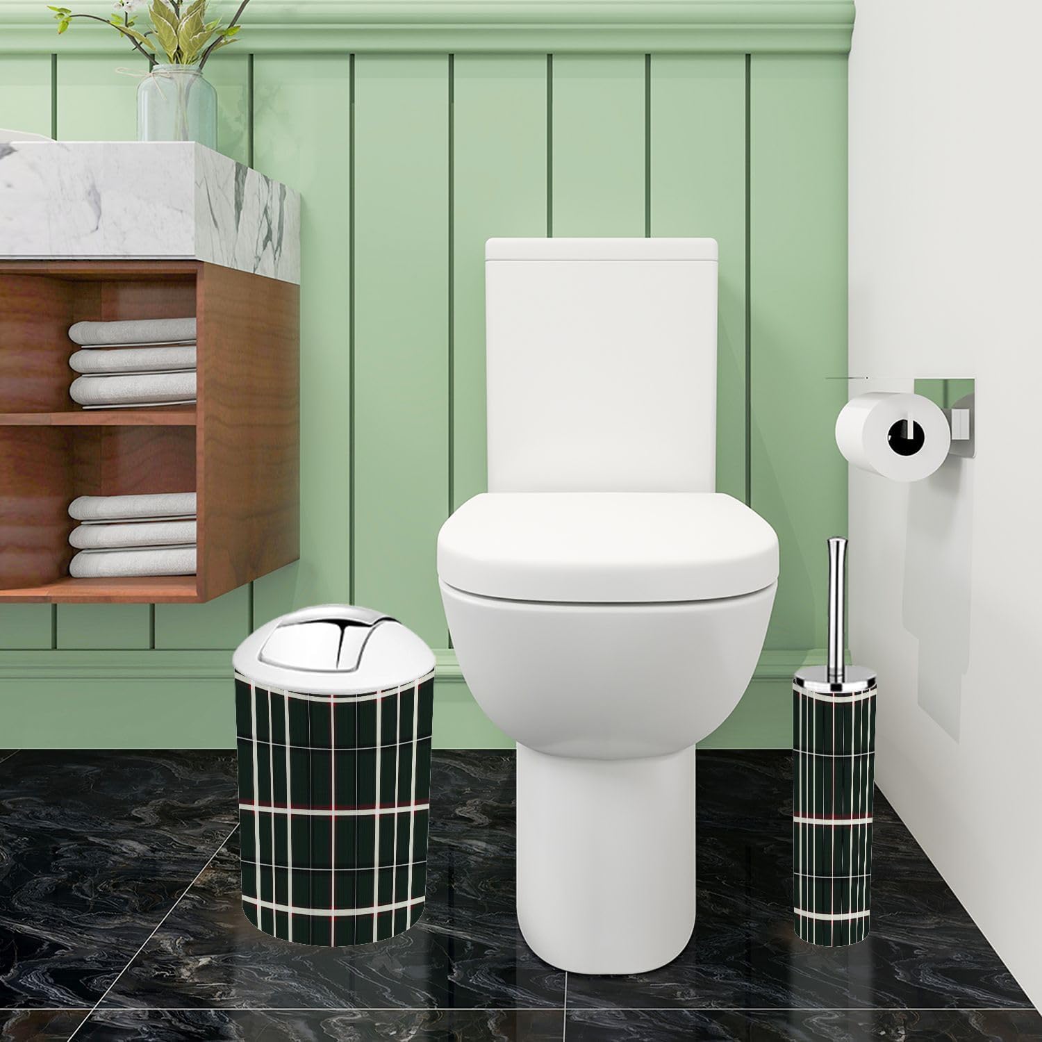 Boho Bathroom Accessory Set 6 Piece with Tartan Plaid Design