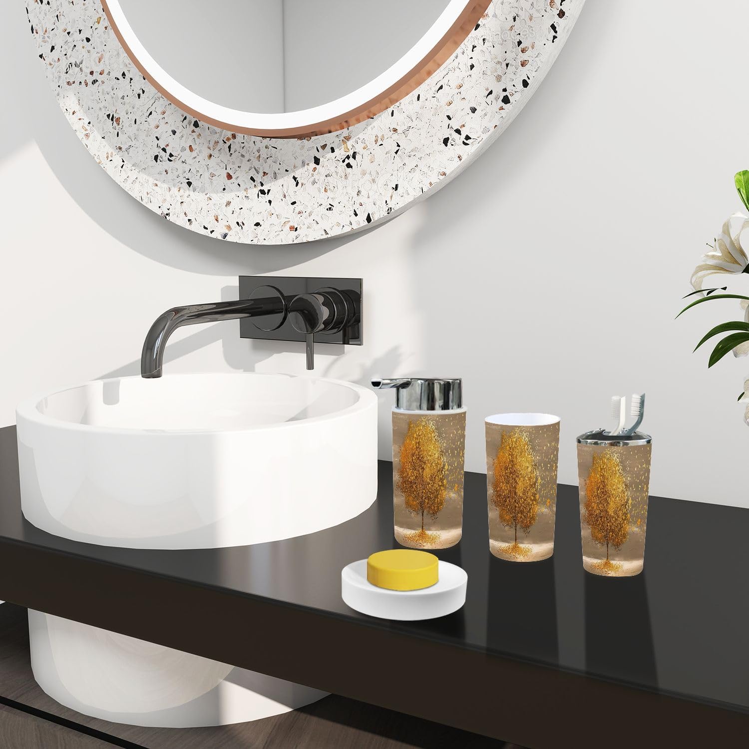 Boho Golden Lone Tree Bathroom Accessories Set 6 Piece