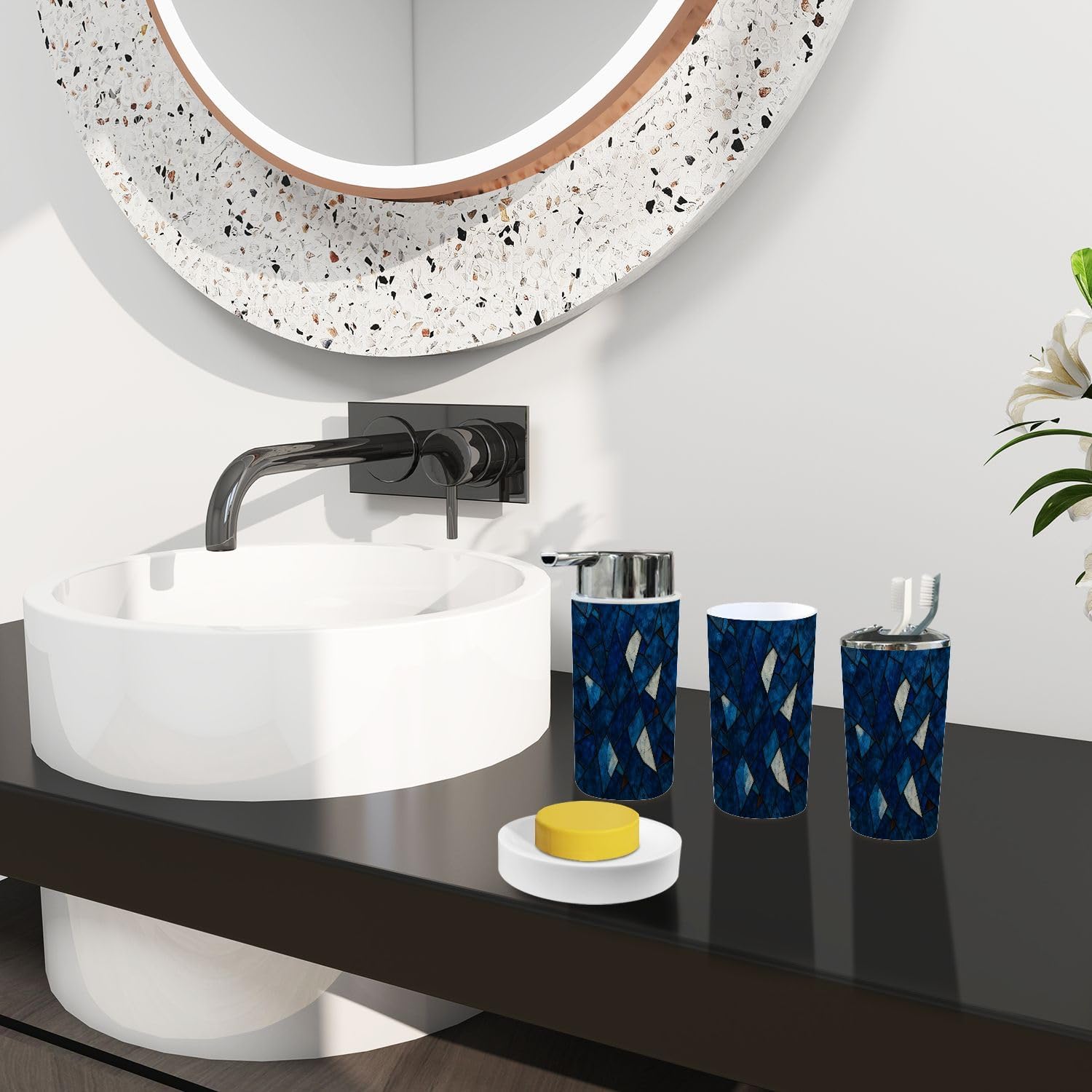 Boho Blue Gray Marble Bathroom Accessory Set 6 Piece