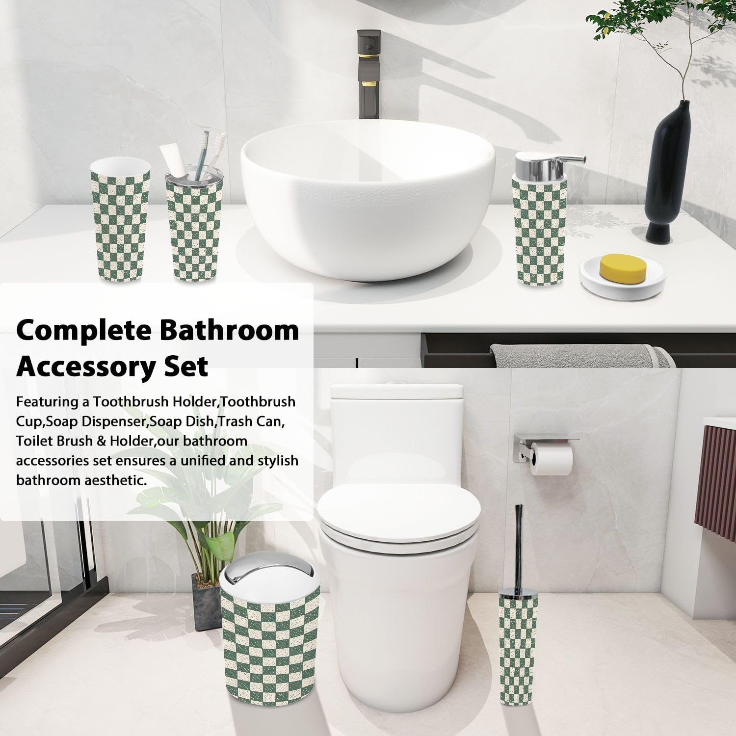Boho Checkerboard Bathroom Accessory Set of 6