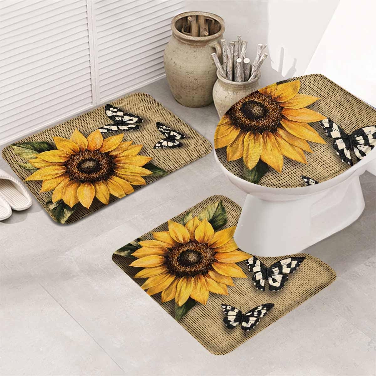 Wotrend Floral Bath Rug Set with Retro Yellow Sunflowers and Butterfly Pattern