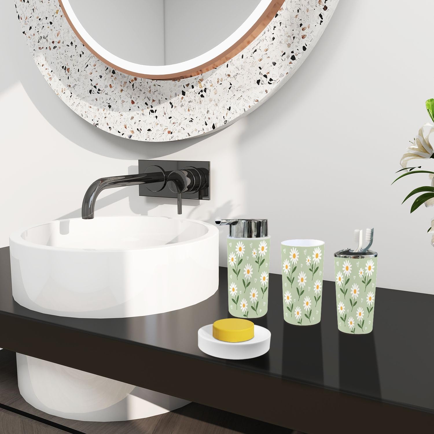 Bathroom Accessory Set 6 Piece Boho Daisy Flower Design