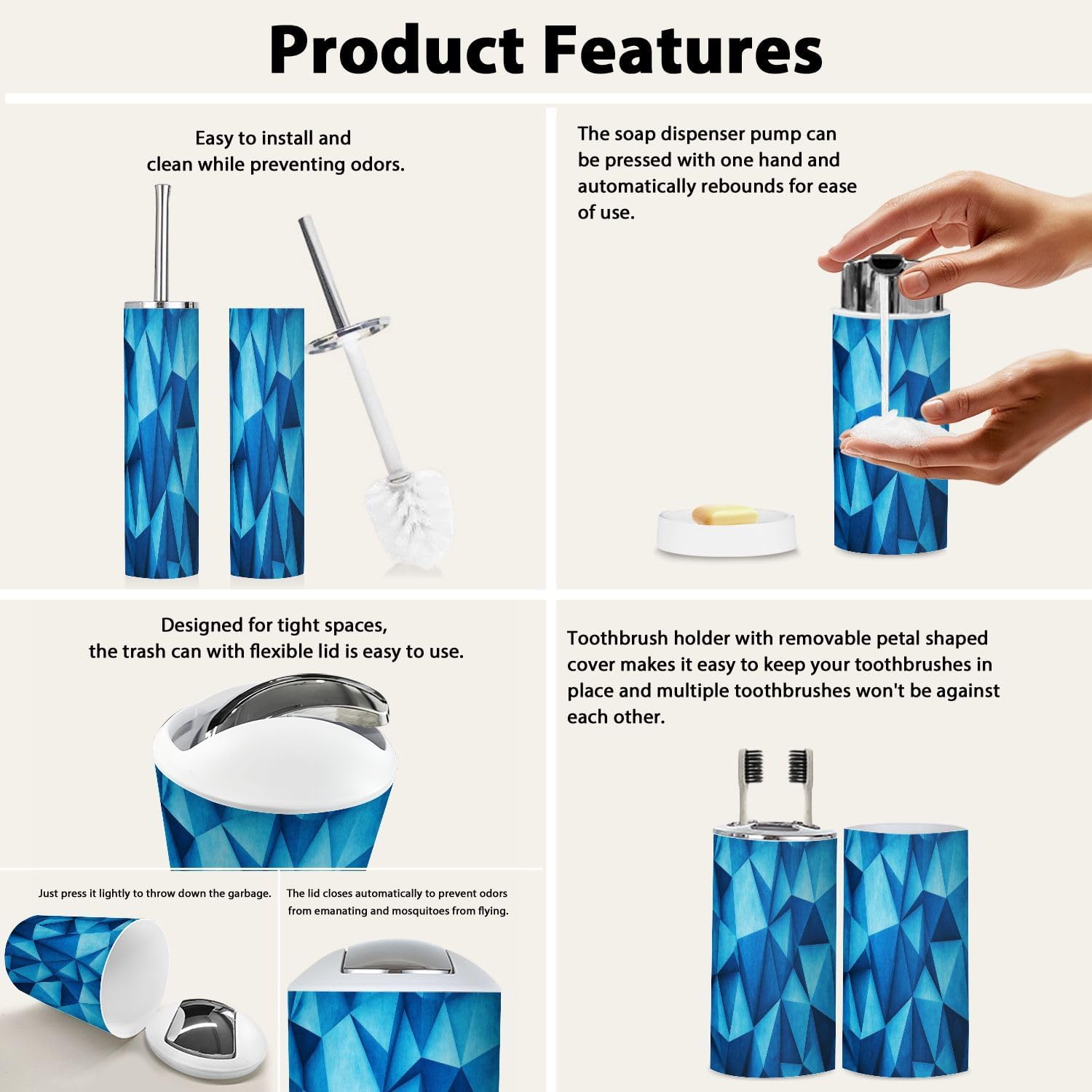 Boho Blue Triangle Bathroom Accessory Set 6 Piece