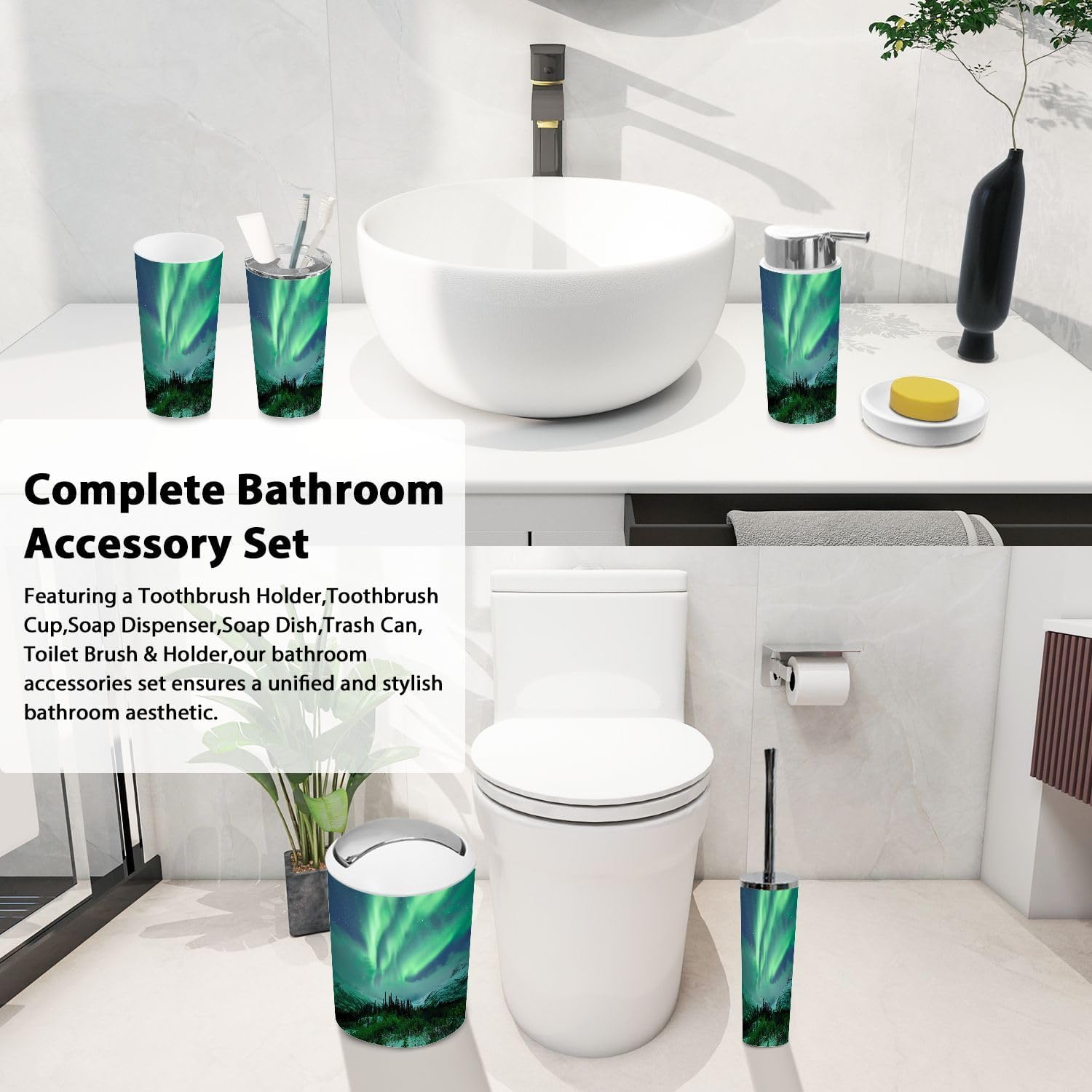 Boho Green Bathroom Accessory Set 6 Piece