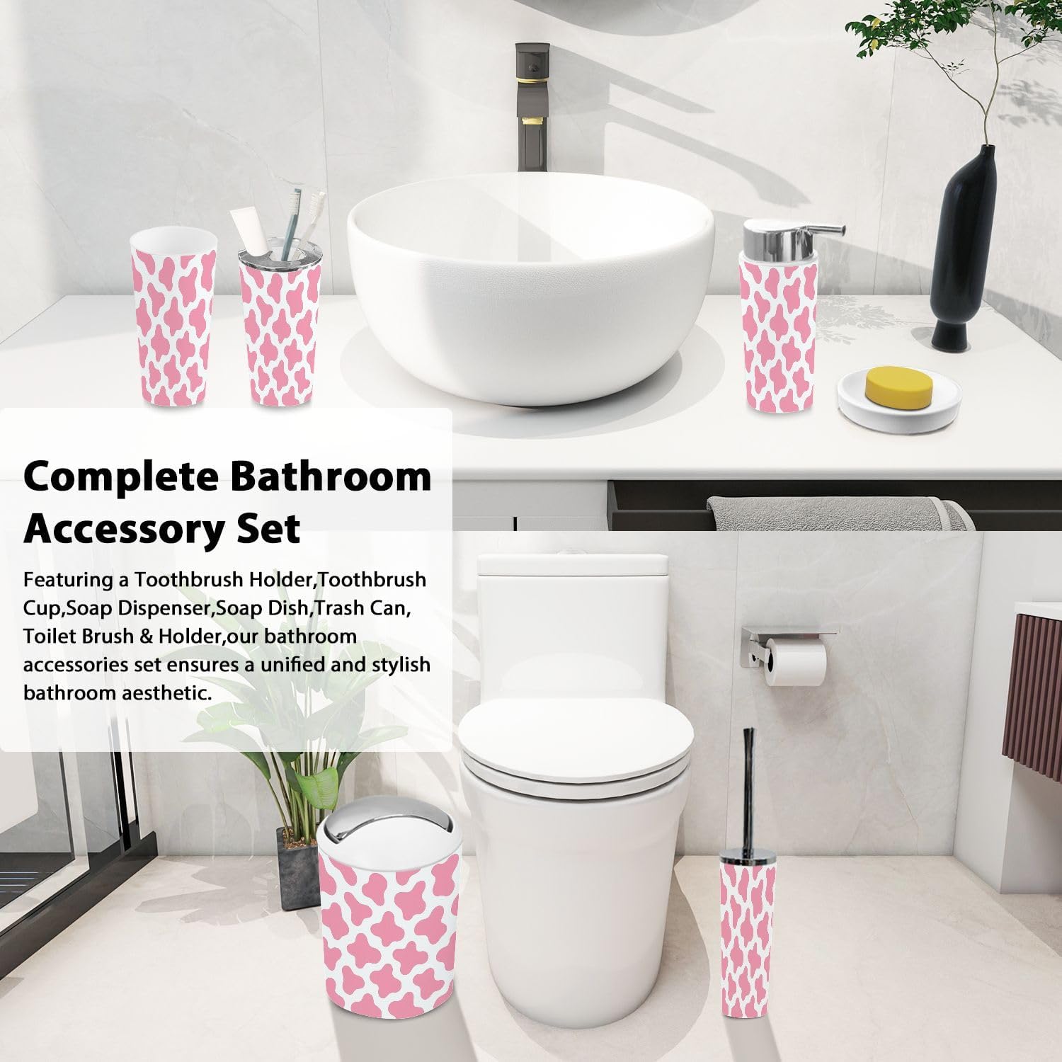TRANQDEHOM 6-Piece Boho Bathroom Accessory Set with Pink Cow Texture