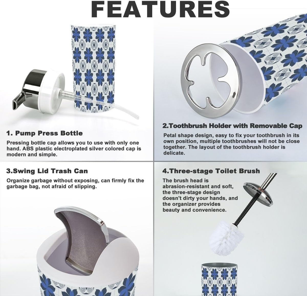 6 Piece Bathroom Accessory Set with Floral Geometric Design 1