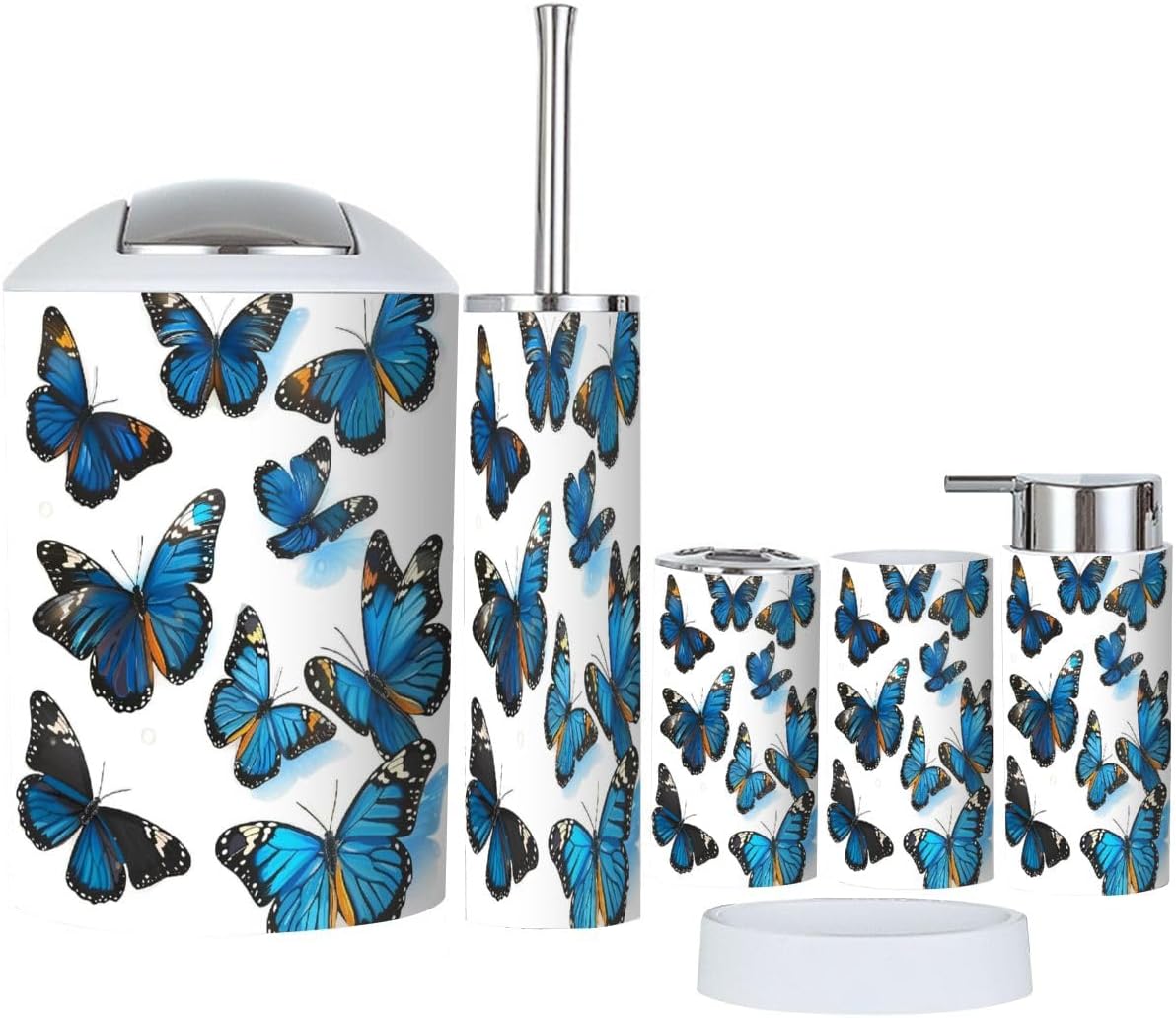 6 Piece Beautiful Blue Butterfly Bathroom Accessories Set