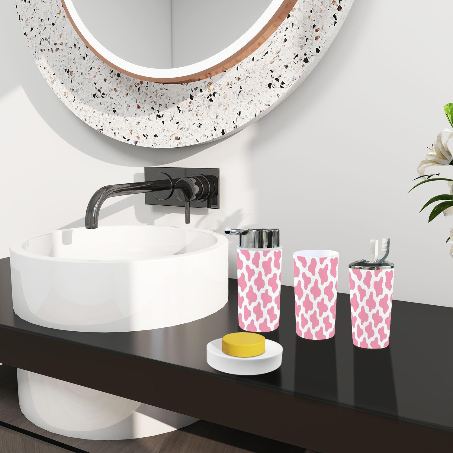 TRANQDEHOM 6-Piece Boho Bathroom Accessory Set with Pink Cow Texture