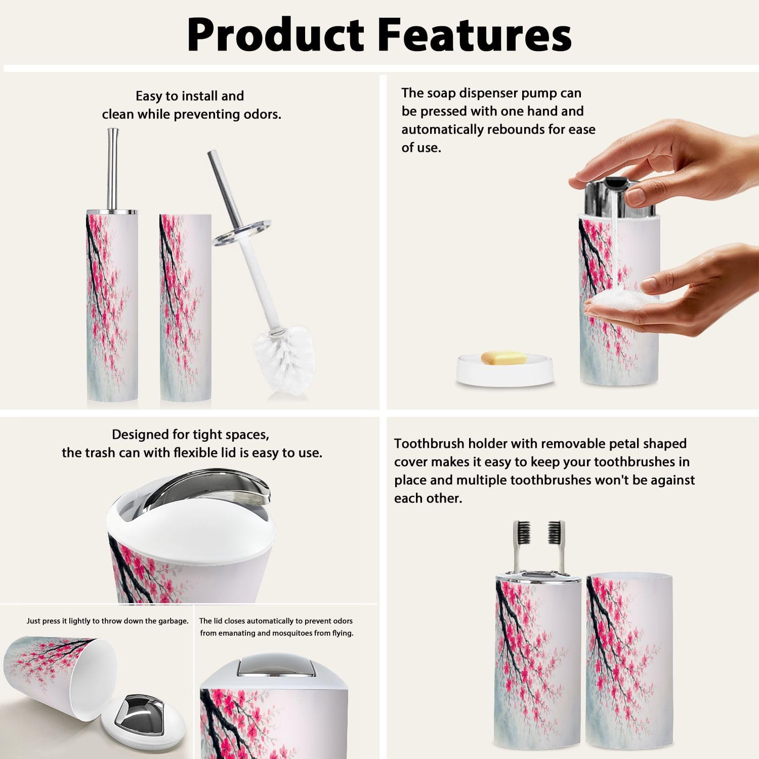 Boho Spring Cherry Blossom Bathroom Accessory Set 6 Piece
