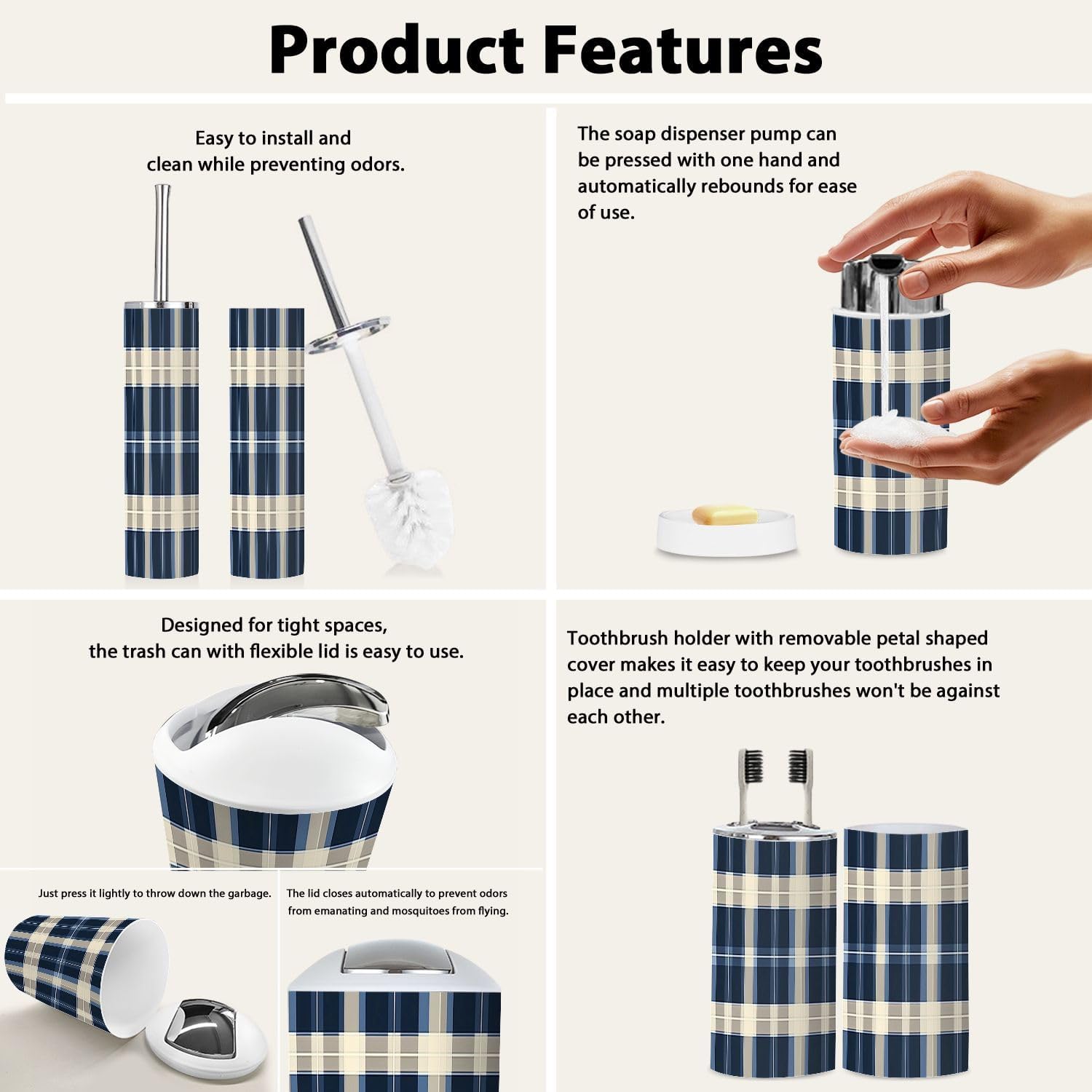 Boho Bathroom Accessory Set 6 Piece Blue Gingham Tonal