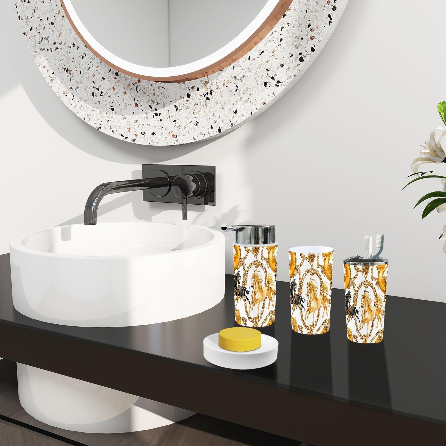 TRANQDEHOM 6 Piece Boho Golden Horses Bathroom Accessories Set