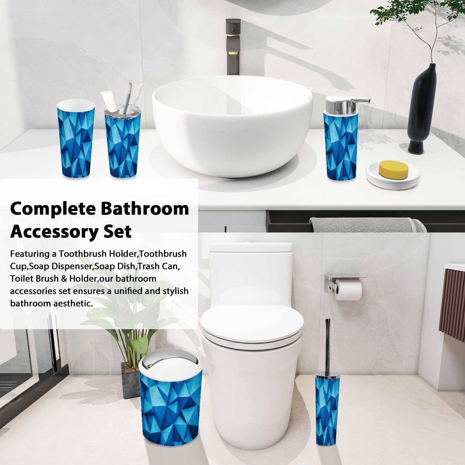Boho Blue Triangle Bathroom Accessory Set 6 Piece