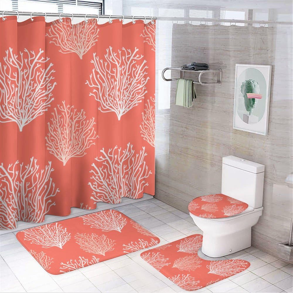 Kuizee 4 Piece Shower Curtain Set with Non-Slip Rugs and 12 Hooks