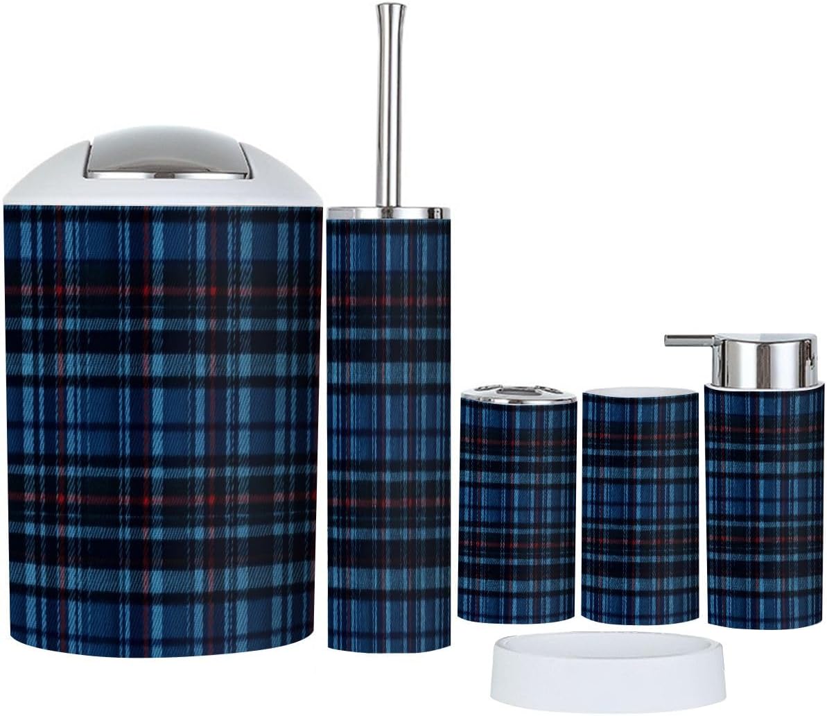 Boho Blue Red Tartan Bathroom Accessory Set of 6