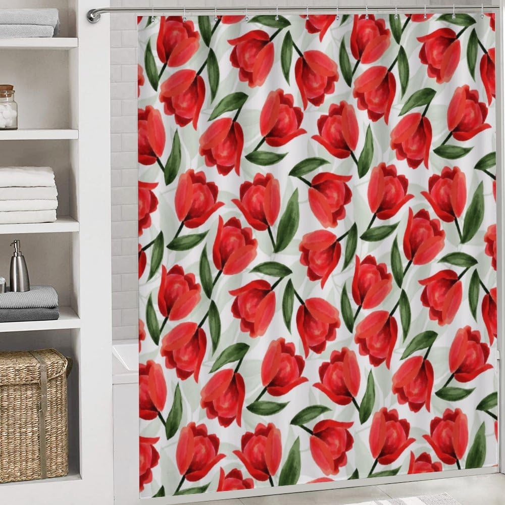 Kuizee 4-Piece Shower Curtain Set with Rugs Red Tulips Botanical Garden