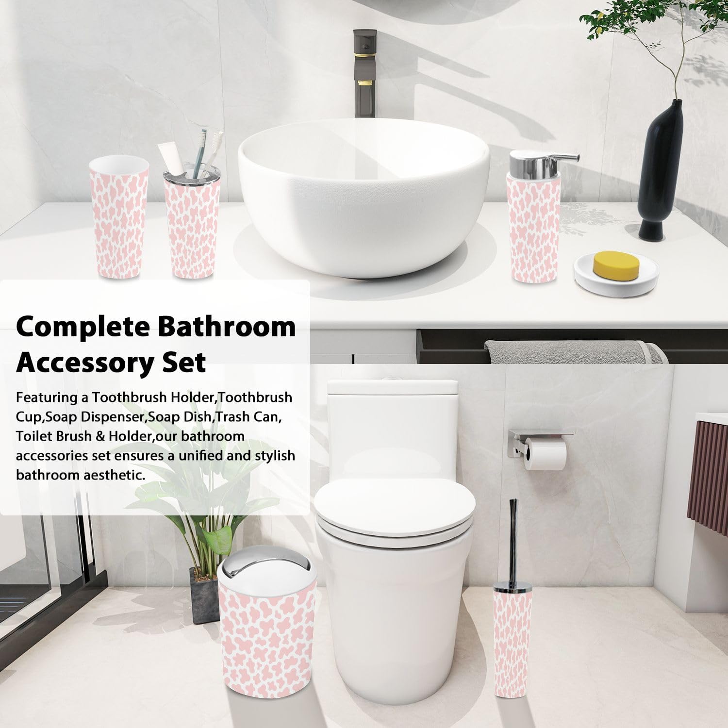 Boho Cow Print Bathroom Accessory Set 6 Piece 1