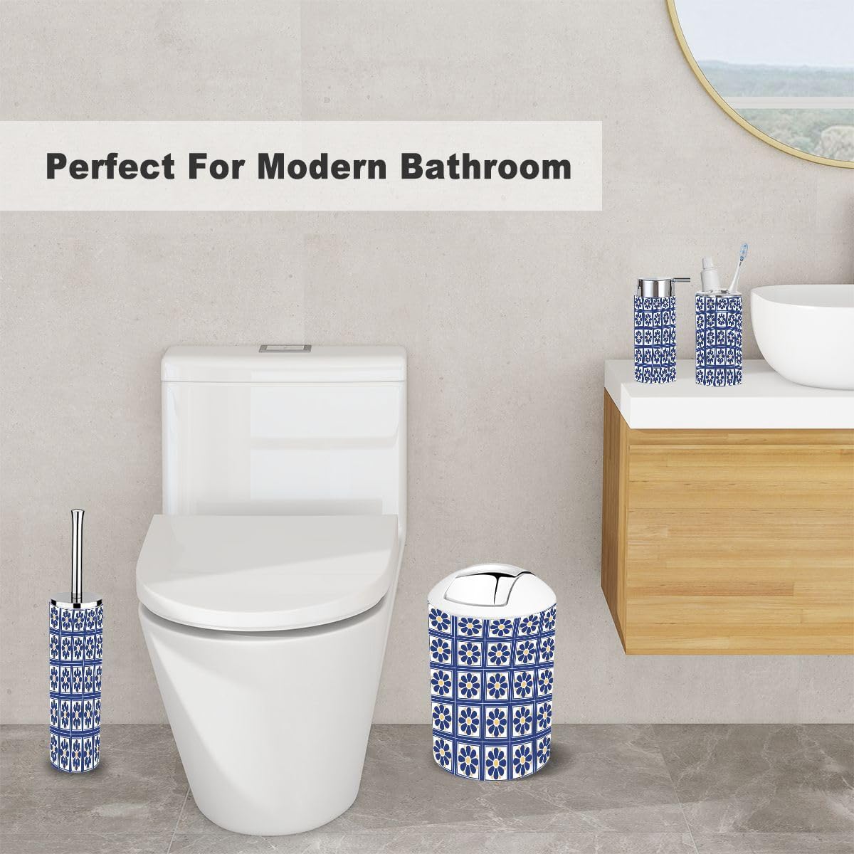 6 Piece Bathroom Accessory Set with Trash Can