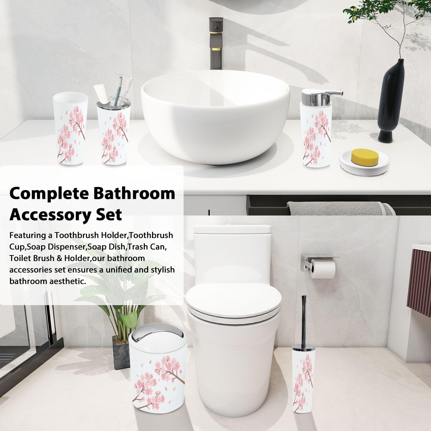 Boho Cherry Blossom Bathroom Accessory Set 6 Piece
