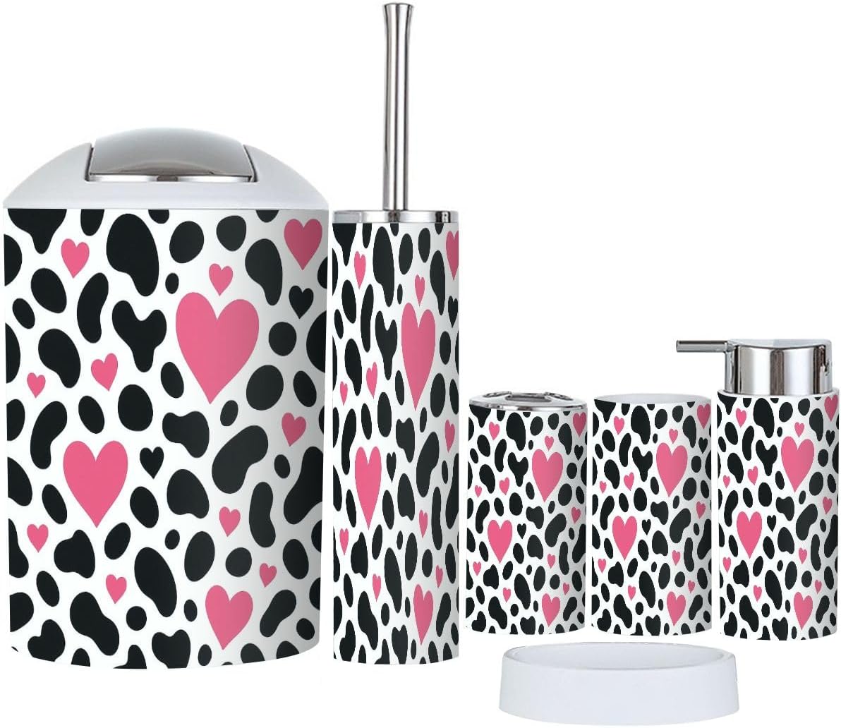 Boho Dalmatian Spot Pink Heart Bathroom Accessories Set 6 Piece