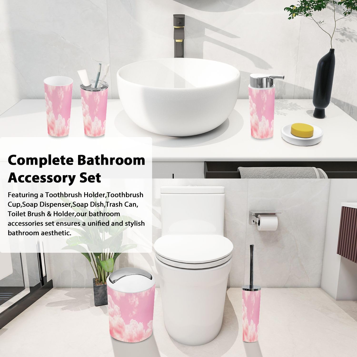 Boho Sky Cloud Pink Bath Accessories Set 6 Piece