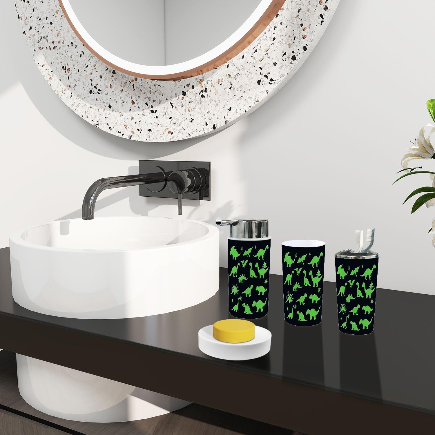 Boho Bathroom Accessory Set 6 Piece in Green and Black