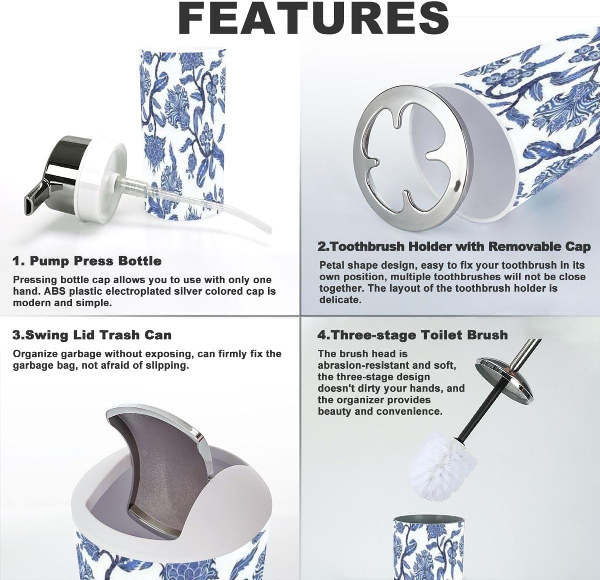 6 Piece Japanese Blue Chinoiserie Bathroom Accessory Set