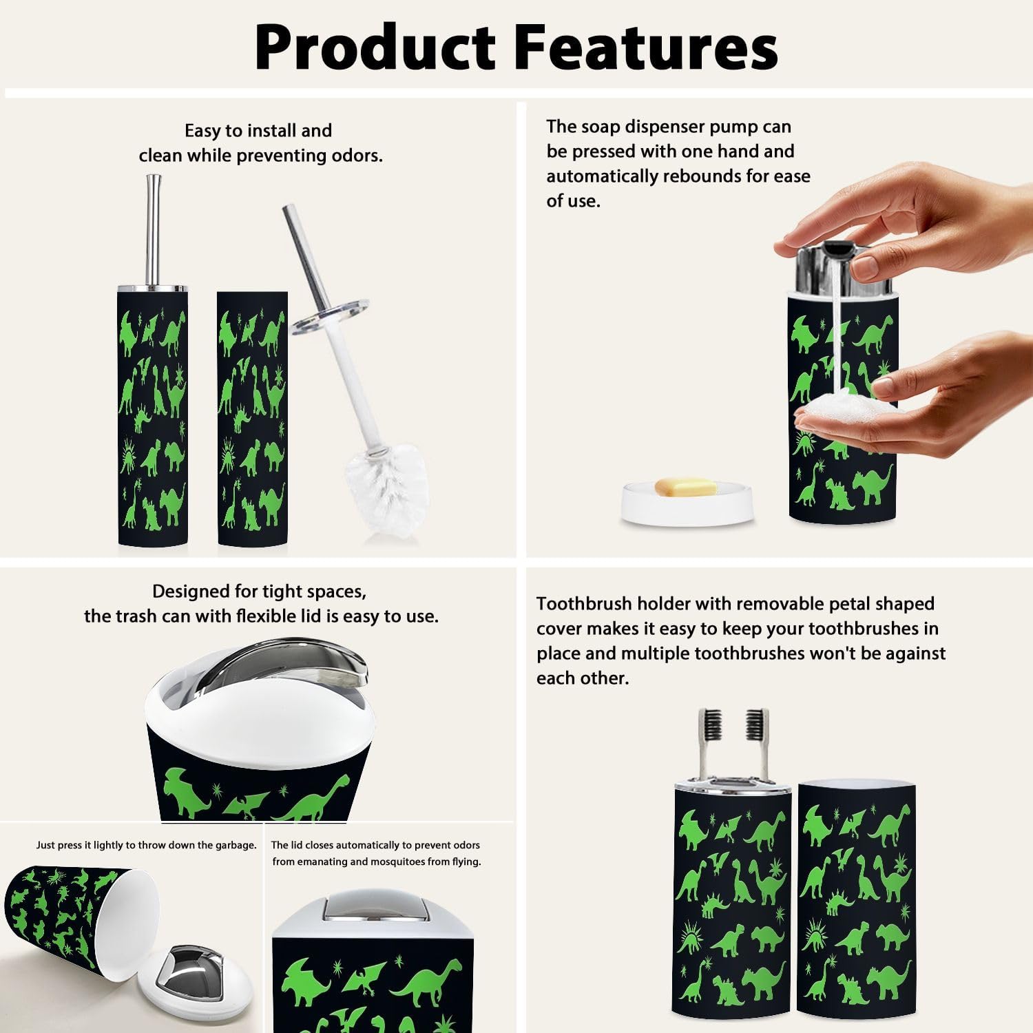Boho Bathroom Accessory Set 6 Piece in Green and Black