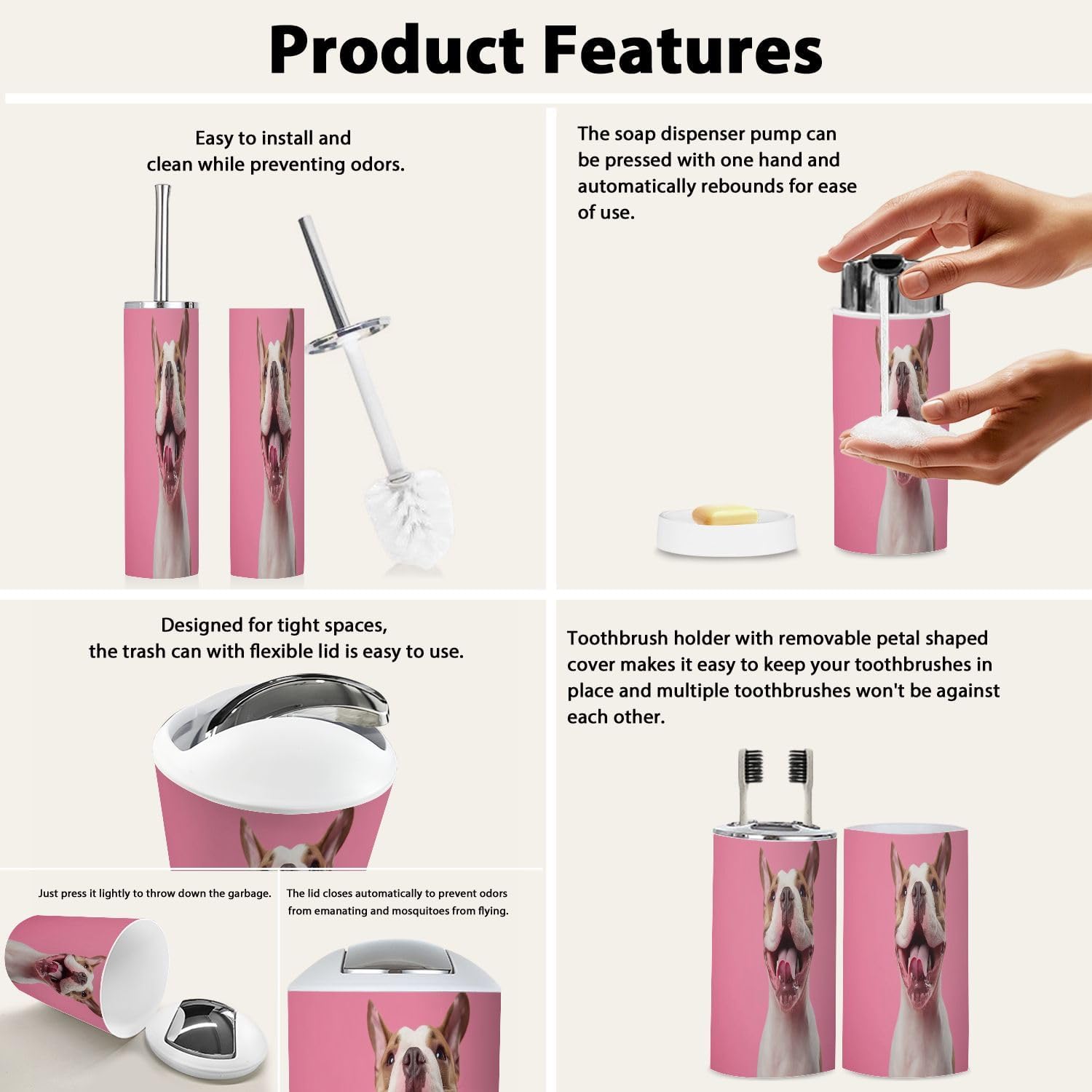 Boho Funny Bathroom Accessory Set with Pink Trash Can